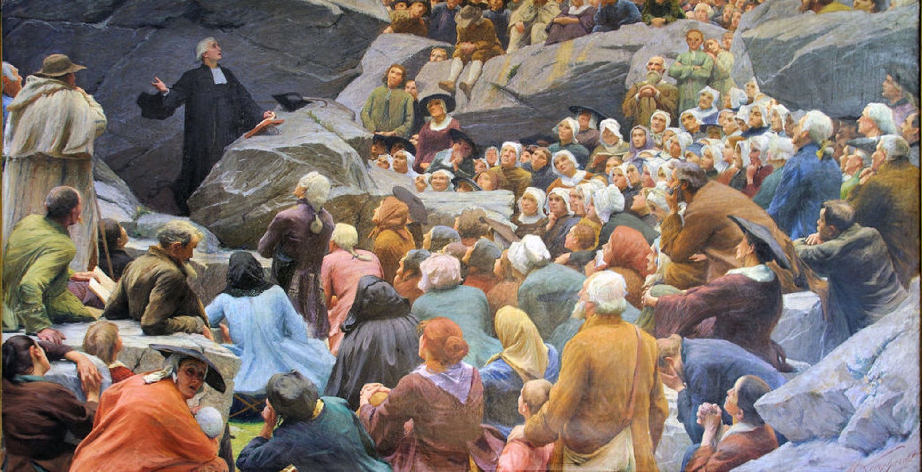 Tableau Les héros de la liberté de conscience ou l'assemblée du Désert, de Max Leenhaardt (1853-1941). Le Désert désigne la période de persécution et de clandestinité pour les protestants français entre l'édit de Fontainebleau de 1685 (Louis XIV) et l'édit de tolérance de 1787 (Louis XVI). © Musée du Désert